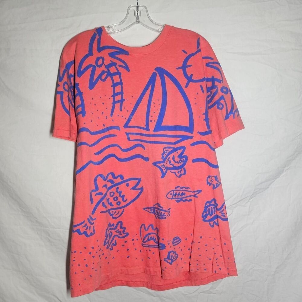 Vintage 90s tropical beachy orange blue cotton tee dress